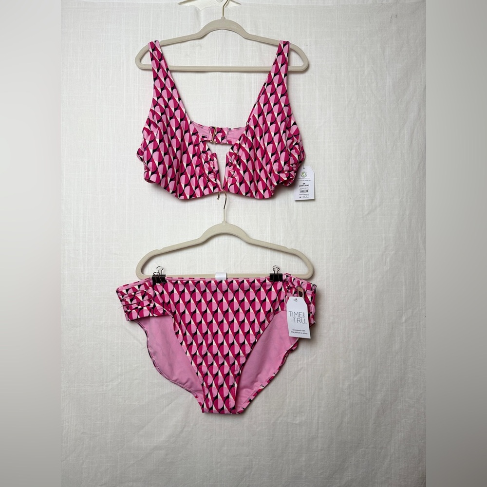 Pink Geometric Print Bikini V-Wire Top 3X & Bottom 2x Set